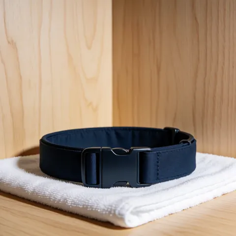 Vue rapprochée d'une boucle de sécurité métallique fixée sur un collier bleu marine en tissu, posé sur une serviette blanche.