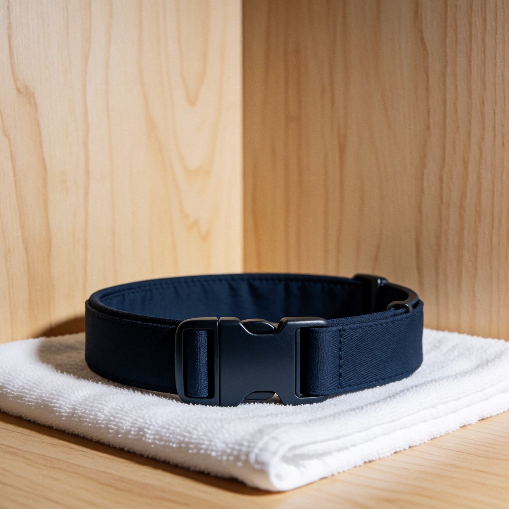 Vue rapprochée d'une boucle de sécurité métallique fixée sur un collier bleu marine en tissu, posé sur une serviette blanche.