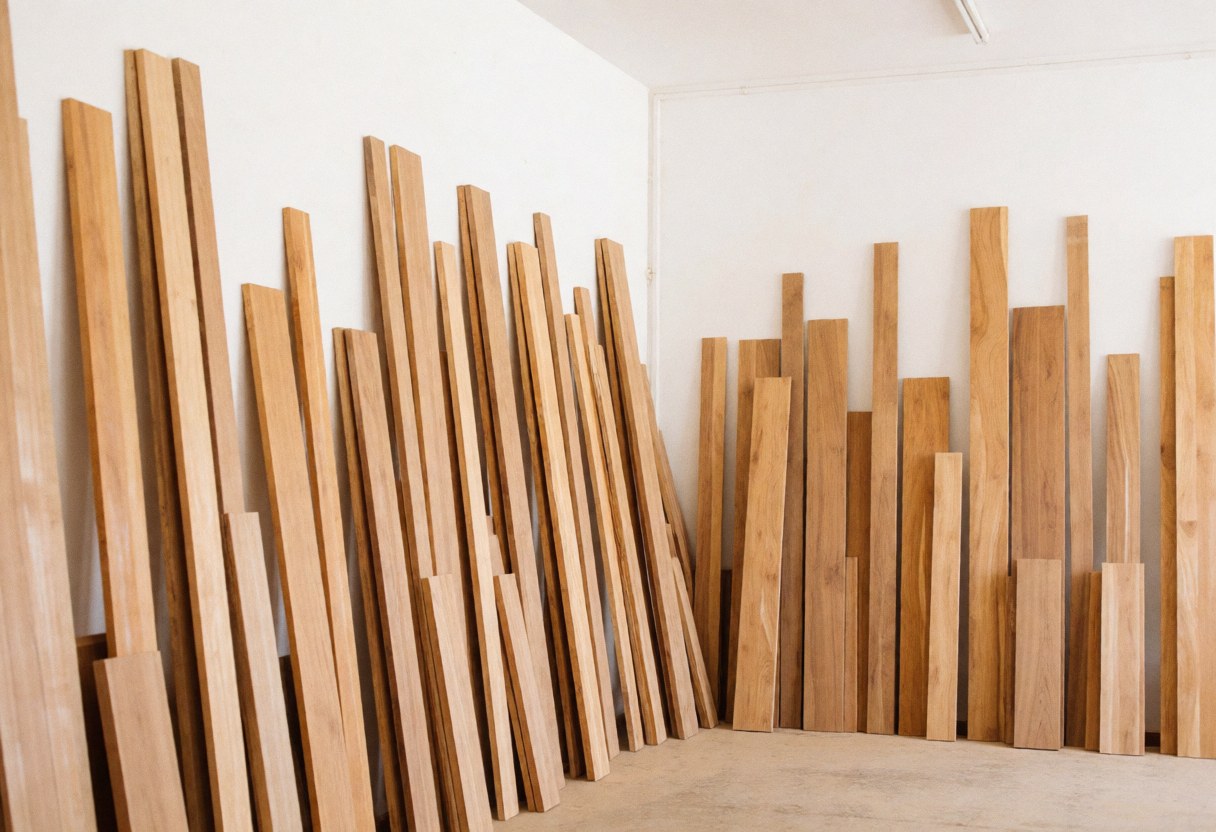 Vue intérieure d'un atelier de menuiserie propre et organisé, avec des planches de bois empilées sur des étagères.