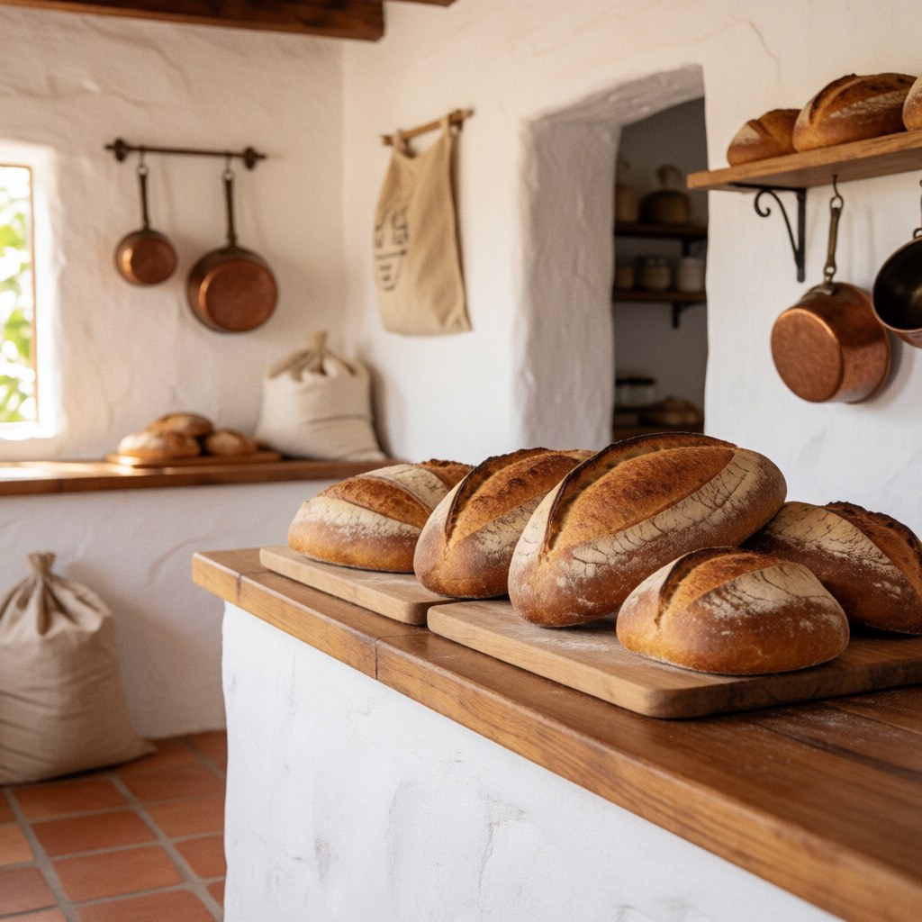 Des petits pains artisanaux recién horneados posés sur un comptoir en bois avec des murs blancs et un sol en terre cuite.