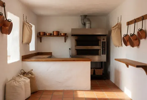 Vue intérieure d'une boulangerie au style tropical, équipée d'un four industriel, aux murs blancs, au sol en terre cuite, ornée de bols en cuivre et de sacs de farine suspendus.