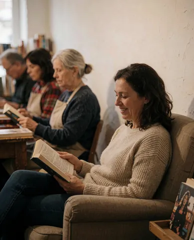 Une femme souriante lit un livre confortablement assise dans une librairie au cadre chaleureux et lumineux.