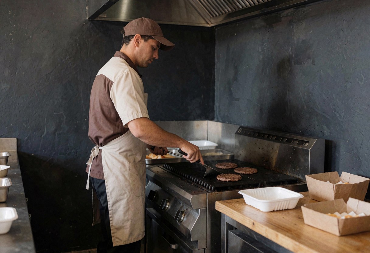 Un cuisinier professionnel retourne des hamburgers sur une grille en acier inoxydable dans une cuisine ouverte aux murs gris, illustrant le service en action.