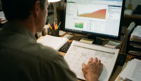 Un consultant agricole en chemise à carreaux examine un calendrier et des logiciels sur son ordinateur, avec des documents et stylos sur le bureau.