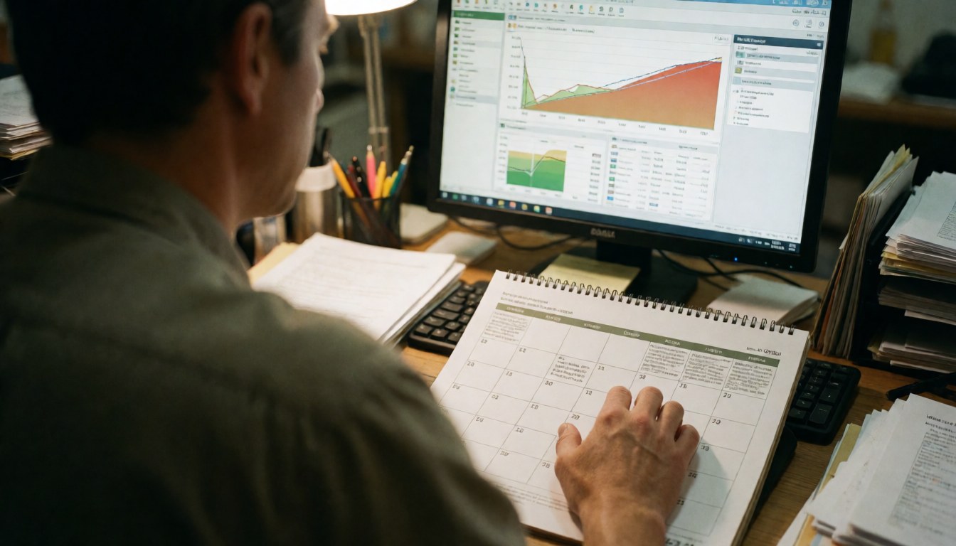 Un consultant agricole en chemise à carreaux examine un calendrier et des logiciels sur son ordinateur, avec des documents et stylos sur le bureau.