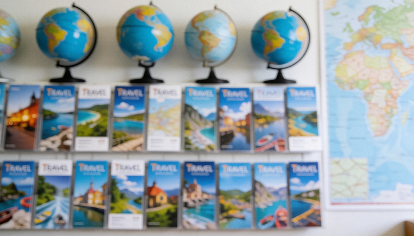 Arrière-plan flou pour textes sur les voyages montrant des globes terrestres, des cartes et des brochures touristiques.
