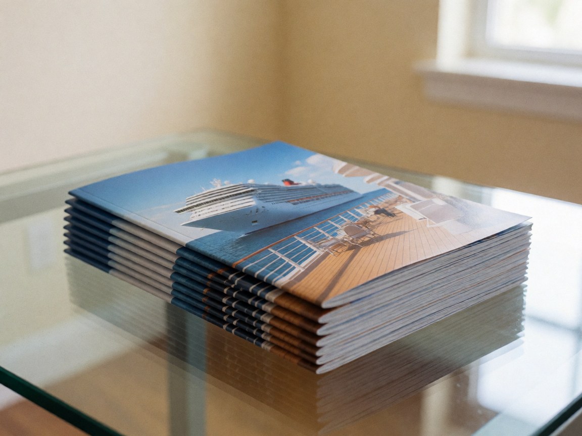 Pile de brochures de croisière posée sur une table en verre avec lumière naturelle, mur beige, idéal pour agence de voyages et tourisme.