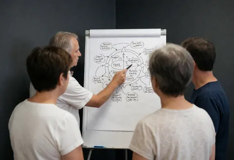 Un instructeur enseigne un diagramme du TOEFL sur un tableau blanc avec des étudiants attentis de dos, mur gris et ambiance de classe réelle.
