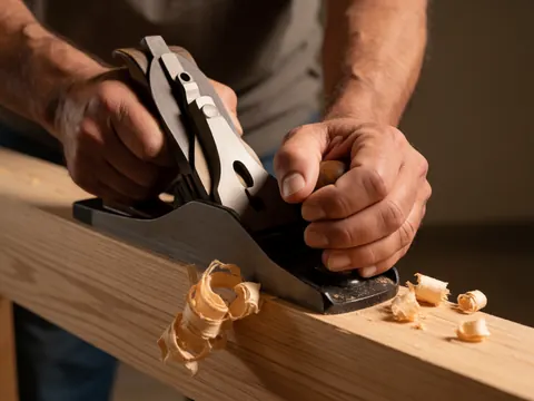 Main tenant un plan en bois, copeaux tombant, lumière chaude, détail réaliste de menuiserie professionnelle.