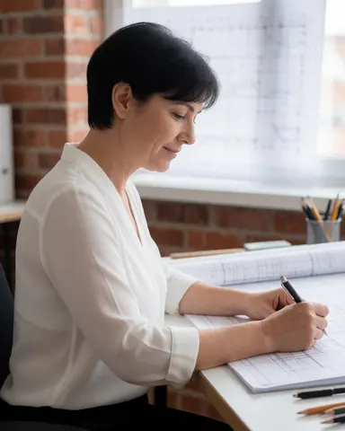 Une architecte professionnelle est assise à son bureau en train de travailler sur des plans et documents techniques.