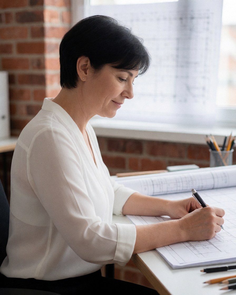 Une architecte professionnelle est assise à son bureau en train de travailler sur des plans et documents techniques.