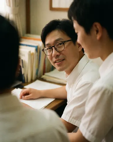 Un avocat portant des lunettes et une chemise blanche examine des papiers sur son bureau entouré de deux collègues, dans un bureau professionnel éclairé chaleureusement.