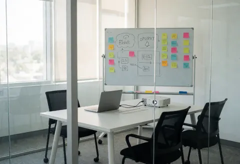Salle de réunion moderne équipée d'un tableau blanc, de post-it, d'un ordinateur portable, de chaises noires et d'une table blanche baignée de lumière naturelle.