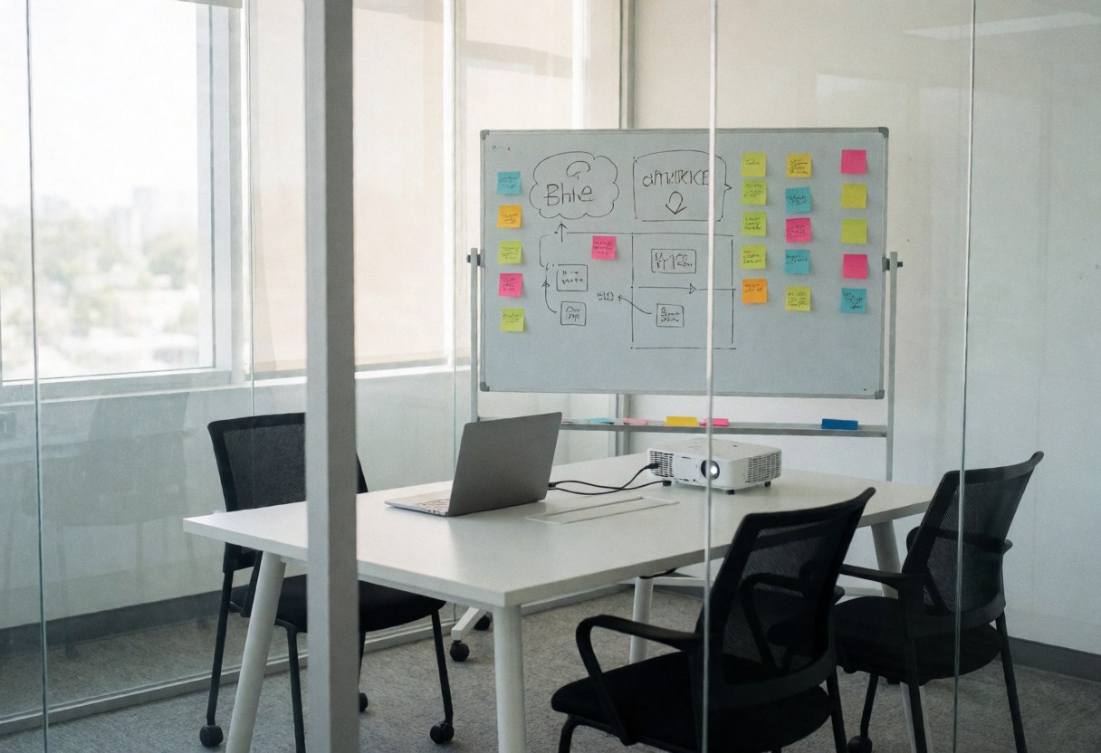 Salle de réunion moderne équipée d'un tableau blanc, de post-it, d'un ordinateur portable, de chaises noires et d'une table blanche baignée de lumière naturelle.