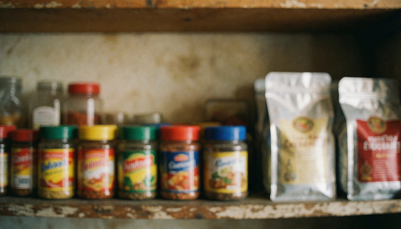 Ardoise de fond avec épices et sacs de café sur étagère en bois, ambiance chaleureuse et rustique, idéale pour textes et design.