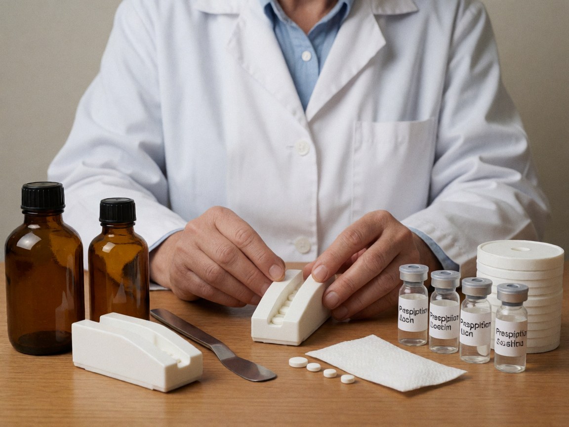 Pharmacien en laboratoire avec bouteilles, pilules, flacons et outils sur une table en bois, éclairage doux et fond neutre.
