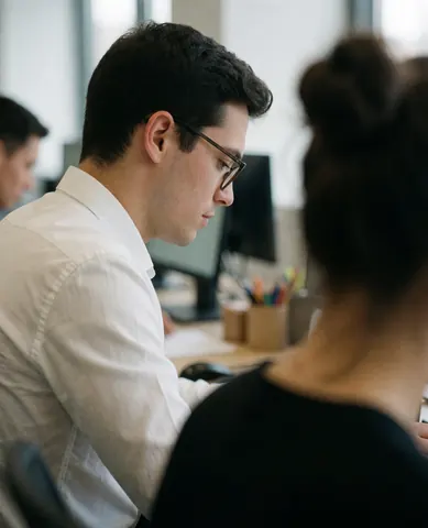 Portrait d'un jeune homme concentré travaillant sur un ordinateur dans un bureau moderne avec une lumière naturelle.