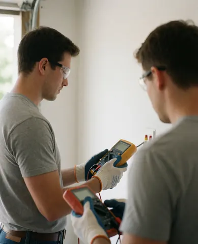 Un électricien jeune portant des lunettes et des gants de protection mesure le voltage d'une prise électrique à l'aide d'un multimètre dans un garage.