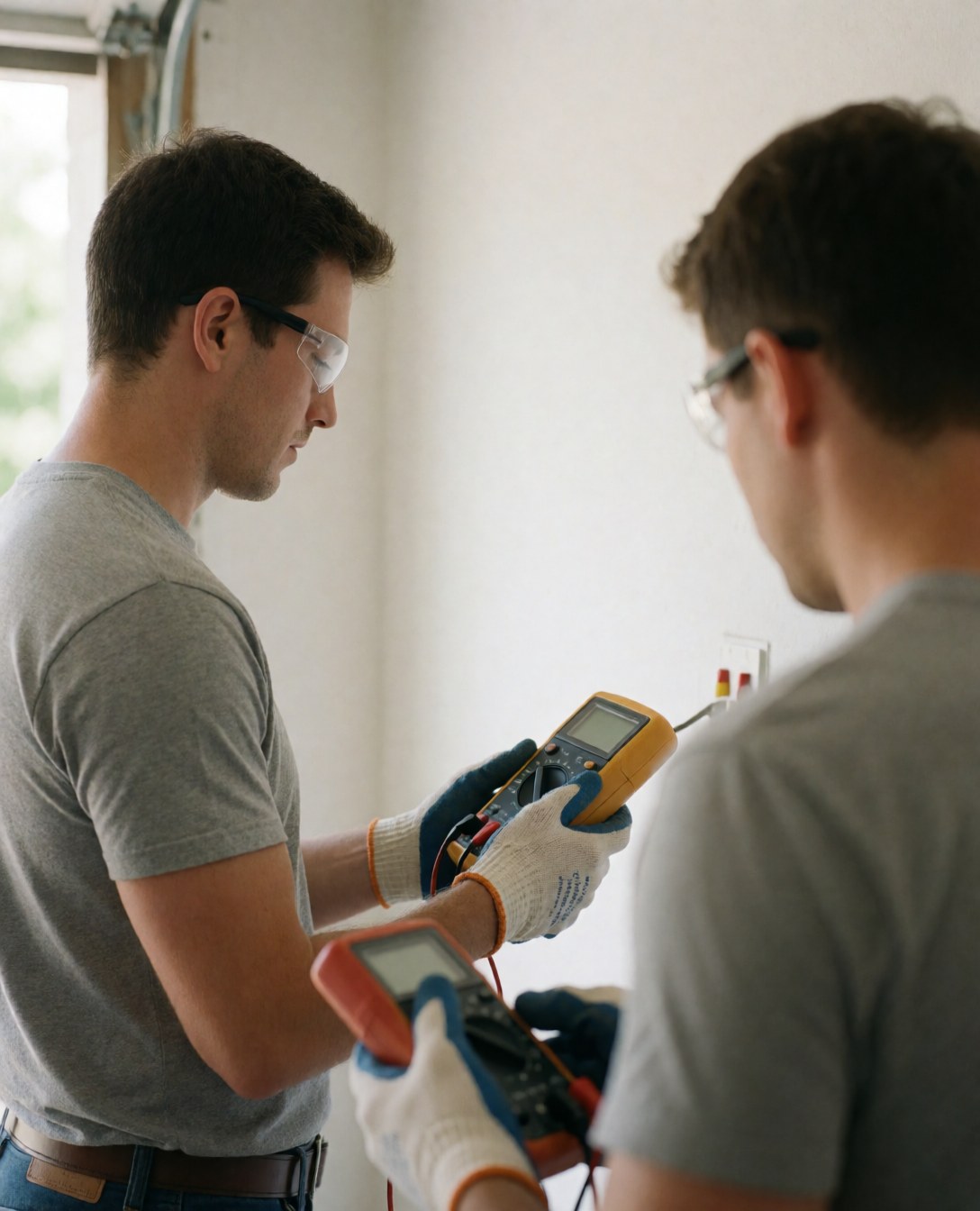 Un électricien jeune portant des lunettes et des gants de protection mesure le voltage d'une prise électrique à l'aide d'un multimètre dans un garage.
