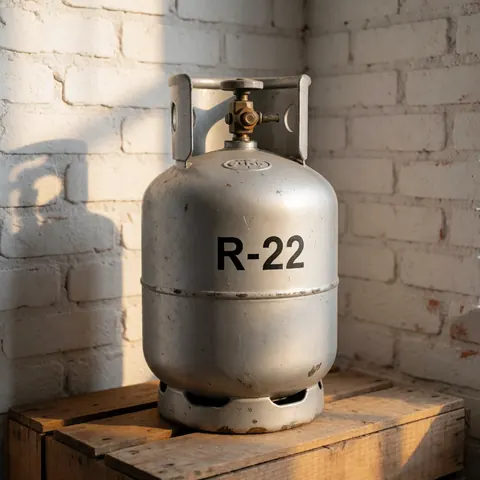 Un ancien récipient métallique contenant du gaz réfrigérant R-22 posé sur une caisse en bois devant un mur de briques éclairé par la lumière du soleil.