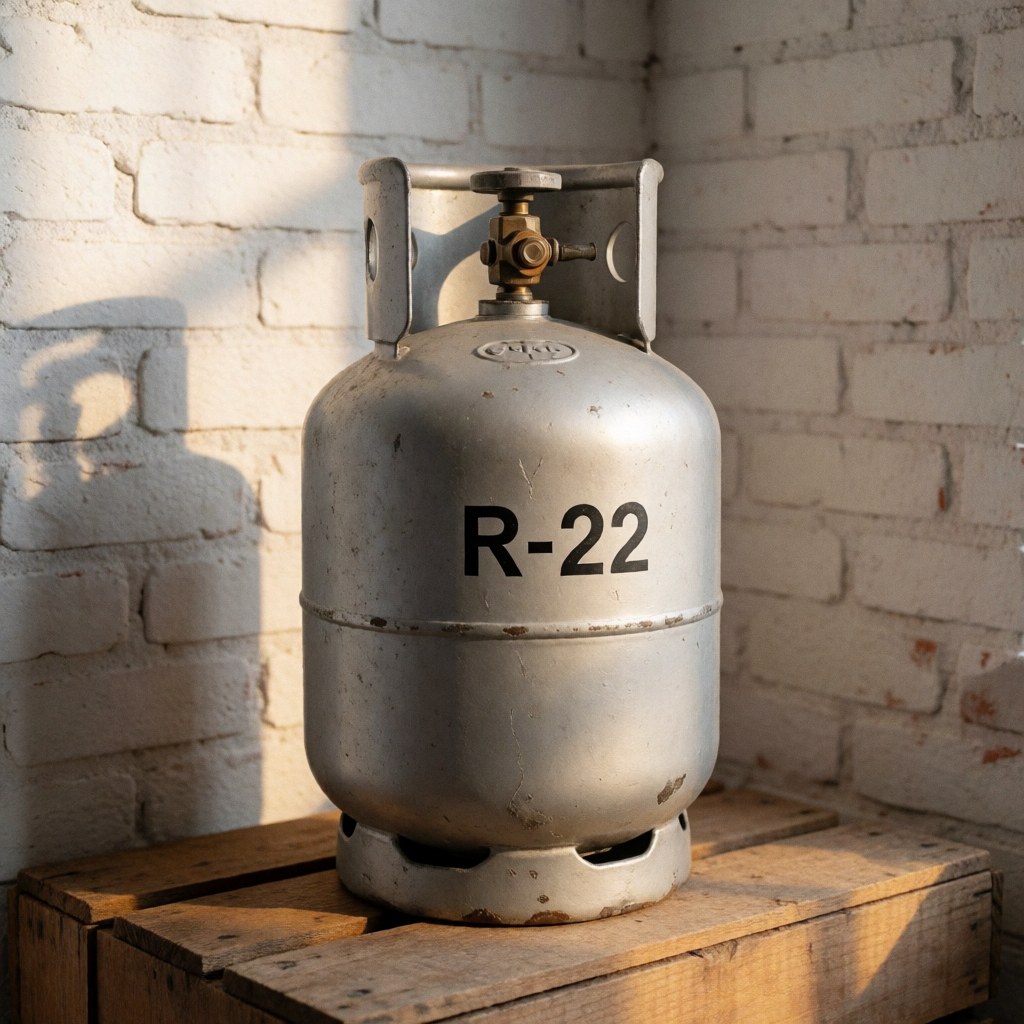 Un ancien récipient métallique contenant du gaz réfrigérant R-22 posé sur une caisse en bois devant un mur de briques éclairé par la lumière du soleil.