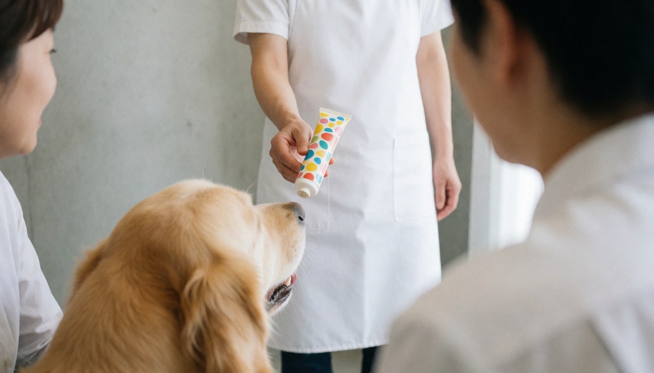Un groomer applique un soin sur un golden retriever dans un salon de toilettage canin, tandis que deux personnes observent la scène.