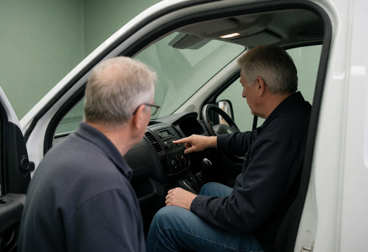 Un formateur en auto-école examine les instruments du tableau de bord d'un camion blanc avec un conducteur, dans une scène professionnelle et réaliste.