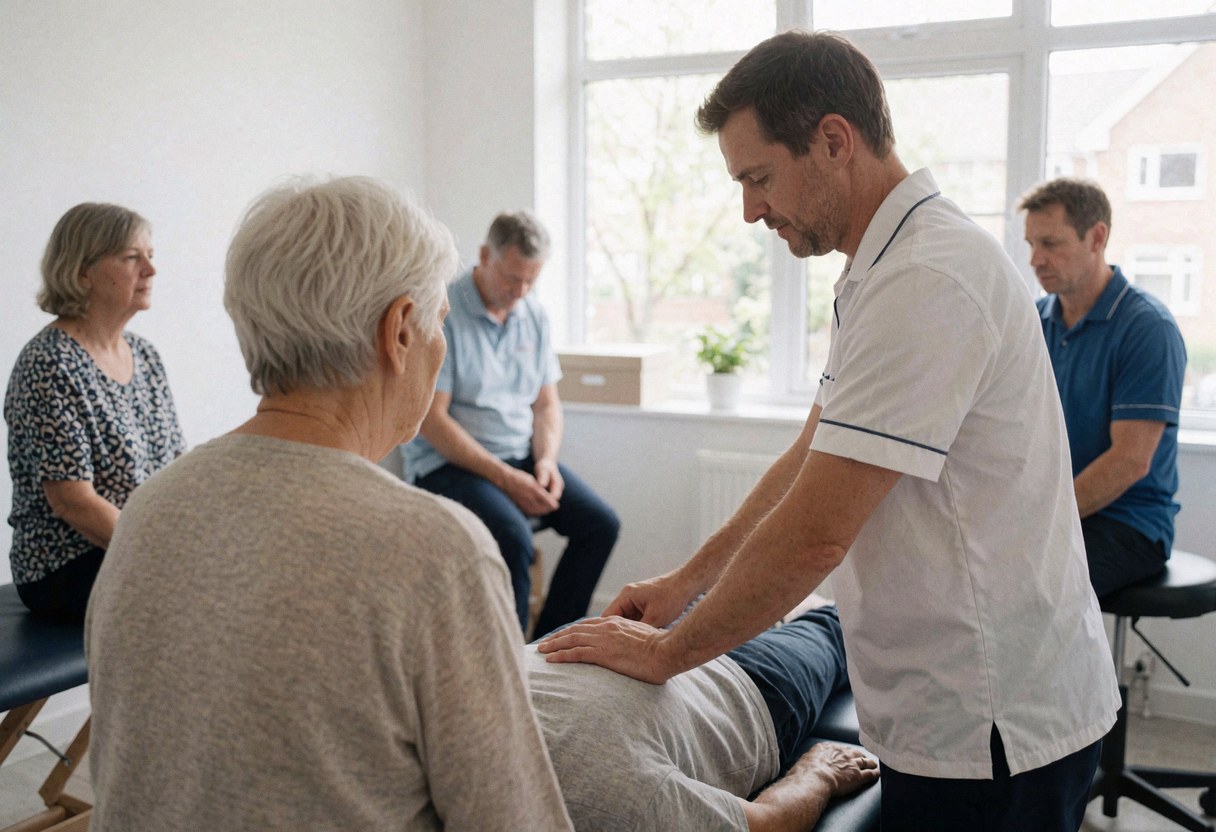 Un kinésithérapeute pratique une thérapie manuelle dans une clinique moderne baignée de lumière naturelle, tandis que plusieurs patients observent depuis des chaises.