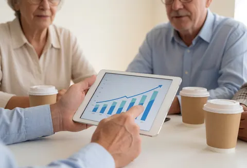 Un consultant montre sur une tablette un graphique de croissance à des clients lors d'une réunion en bureau avec du café.