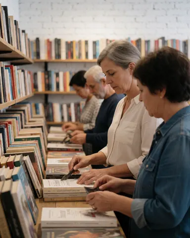 Une cliente parcourt les rayons d'une librairie, entourée d'étagères remplies de livres, devant un mur de briques blanches, dans une ambiance calme et professionnelle.