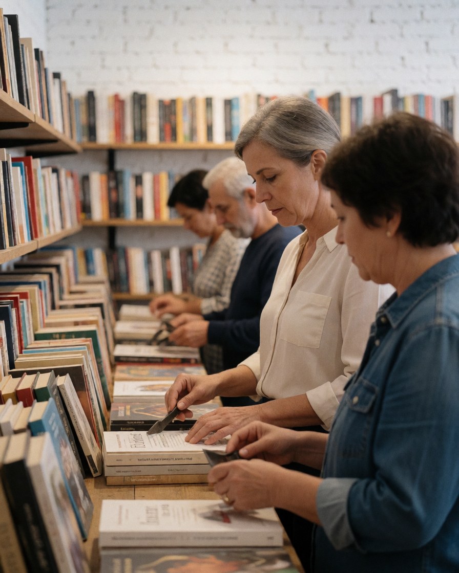 Une cliente parcourt les rayons d'une librairie, entourée d'étagères remplies de livres, devant un mur de briques blanches, dans une ambiance calme et professionnelle.