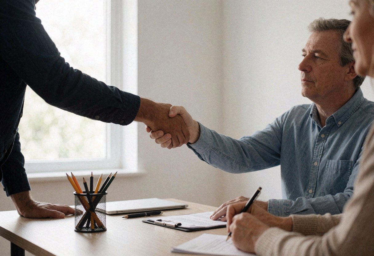 Un consultant et un client signent un accord dans un bureau éclairé par la lumière naturelle, avec ordinateur et documents sur le bureau.