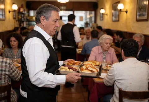 Un serveur professionnel transporte un plateau rempli de tapas espagnoles à travers un restaurant intérieur éclairé par une lumière chaude.