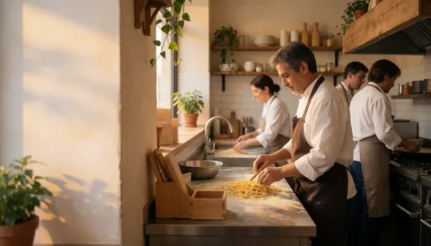 Un chef prépare des pâtes dans une cuisine de restaurant avec une lumière chaleureuse et une décoration rustique, tandis que d'autres cuisiniers travaillent en arrière-plan.