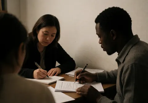 Un consultant et un client sont assis à une table en bois, concentrés sur la révision de documents dans un environnement calme aux murs blancs.