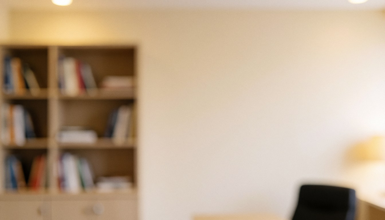 Intérieur calme d'une agence de voyages avec étagères remplies de livres et murs blancs, offrant un arrière-plan professionnel idéal pour ajouter du texte ou des éléments graphiques.