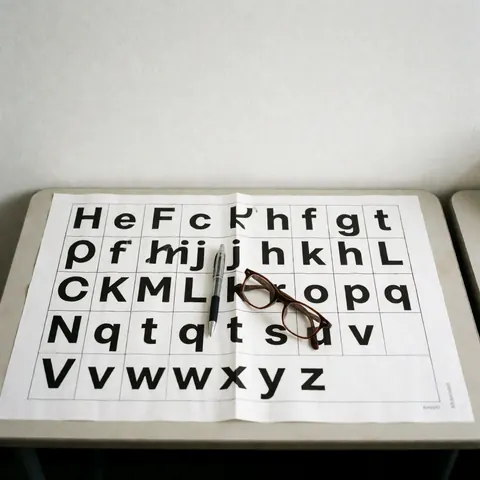 Tableau phonétique posé sur une table avec des lunettes et un stylo, illustrant le matériel éducatif pour l'apprentissage des langues.