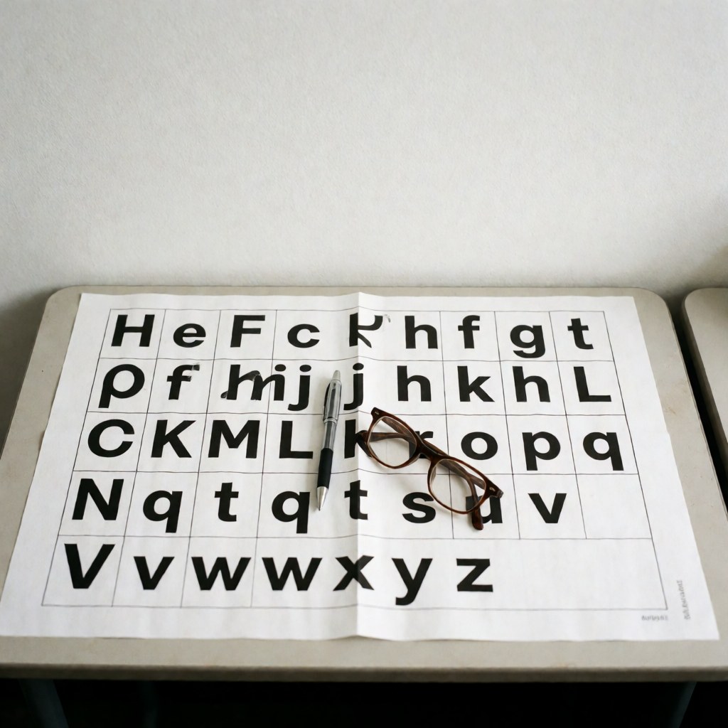 Tableau phonétique posé sur une table avec des lunettes et un stylo, illustrant le matériel éducatif pour l'apprentissage des langues.