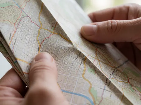 Des mains tiennent une carte papier pliée révélant des rues et la topographie, éclairée par la lumière naturelle qui accentue la texture du papier et la précision des plis.