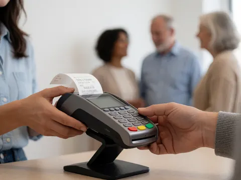 Gros plan sur des mains tenant une carte bancaire au-dessus d'un terminal de paiement électronique pour une transaction sécurisée.