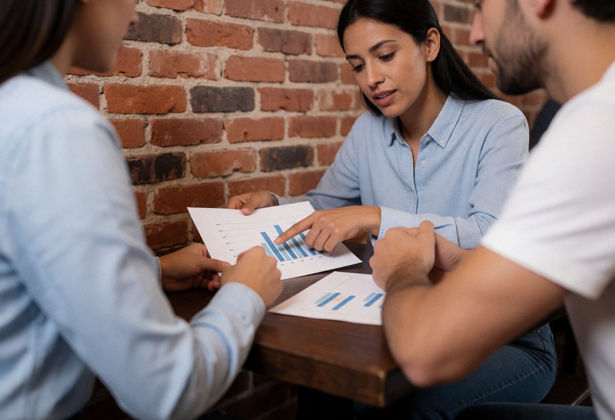 Un consultant explique un graphique à un client assis à une table en café avec un mur de briques, tous deux concentrés sur le document.