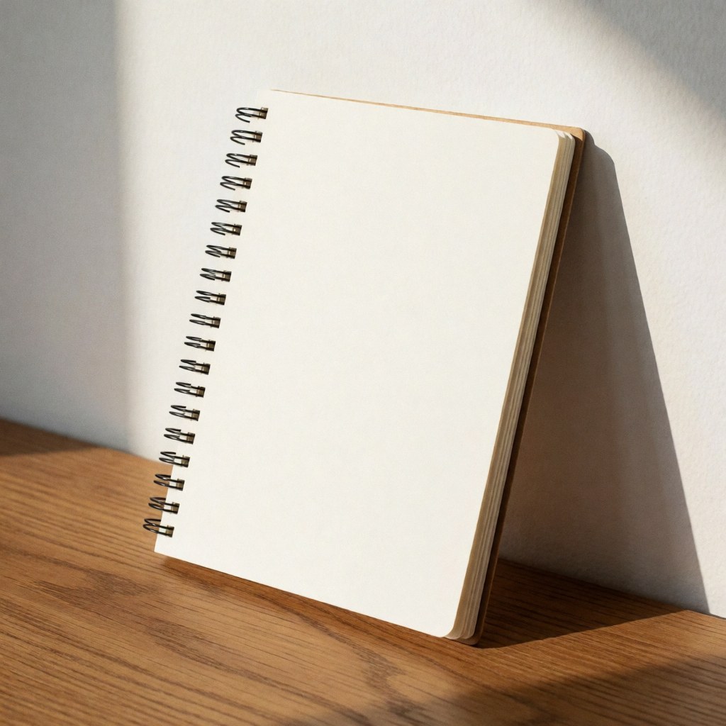 Cahier à spirale blanc posé sur une table en bois, éclairage chaleureux et fond blanc, idéal pour l'étude et l'apprentissage dans une école de langues.