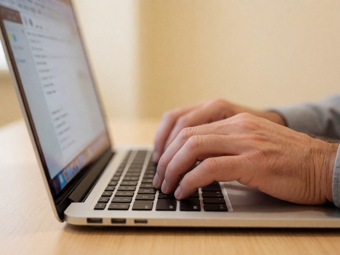 Une main adulte tape sur le clavier d'un ordinateur portable posé sur un bureau en bois, avec un mur beige en arrière-plan et une lumière chaleureuse.