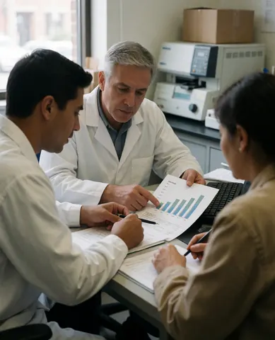 Trois professionnels examinent des documents et des graphiques assis à une table dans un laboratoire éclairé par la lumière naturelle.
