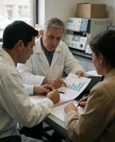 Trois professionnels examinent des documents et des graphiques assis à une table dans un laboratoire éclairé par la lumière naturelle.