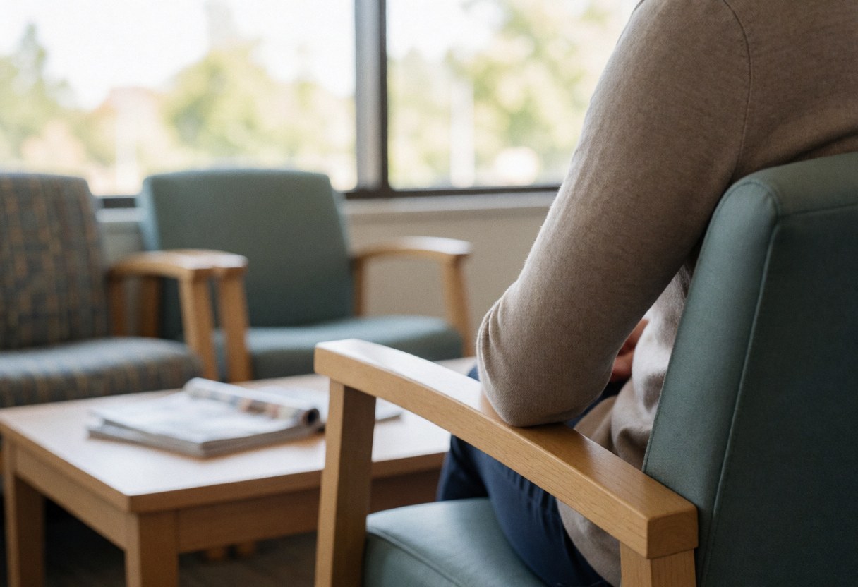 Une personne est assise sur une chaise en bois face à une fenêtre éclairée par la lumière naturelle, avec une table basse contenant des magazines au premier plan.