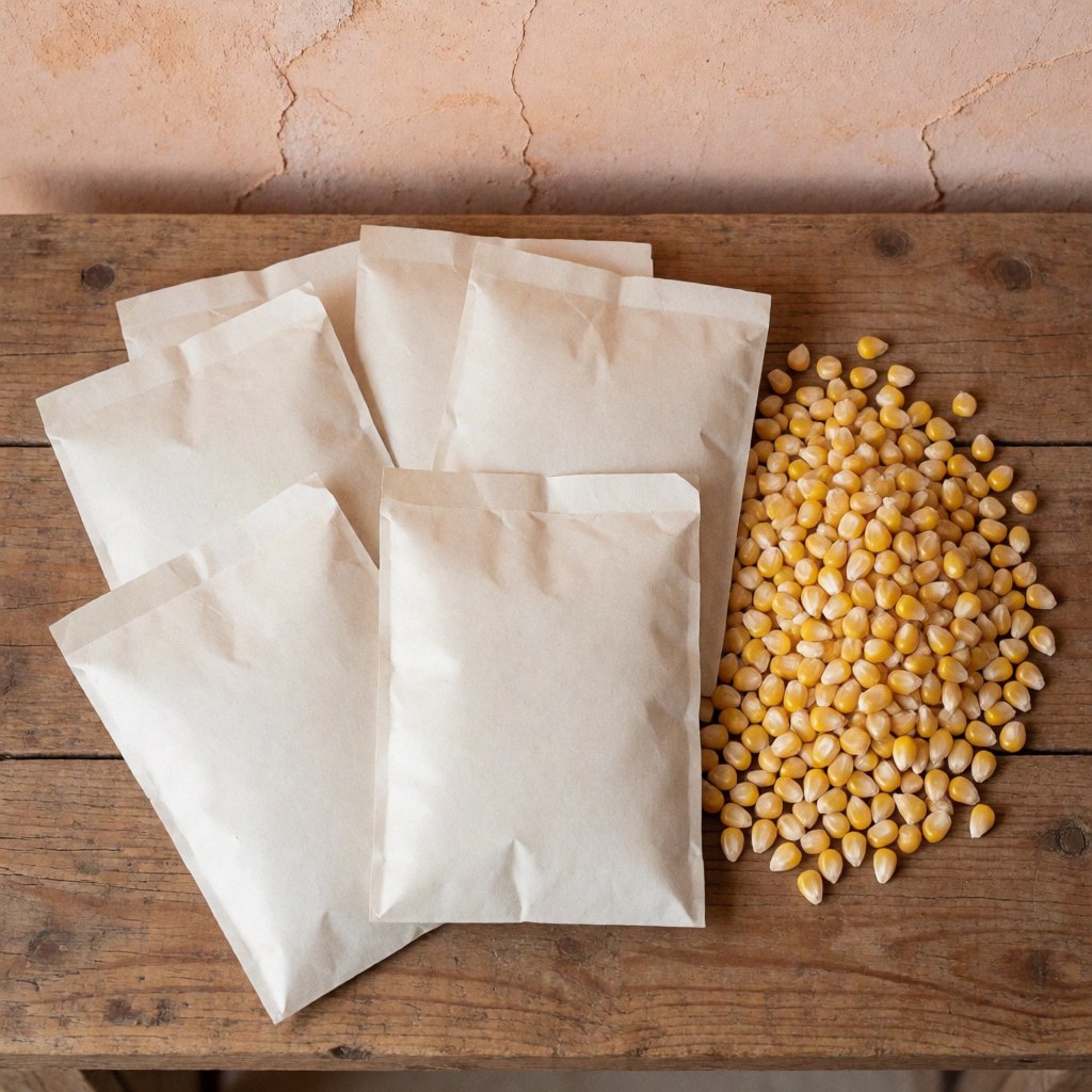 Des sacs en papier contenant des graines de maïs jaune posés sur une table en bois rustique avec un fond de mur texturé.