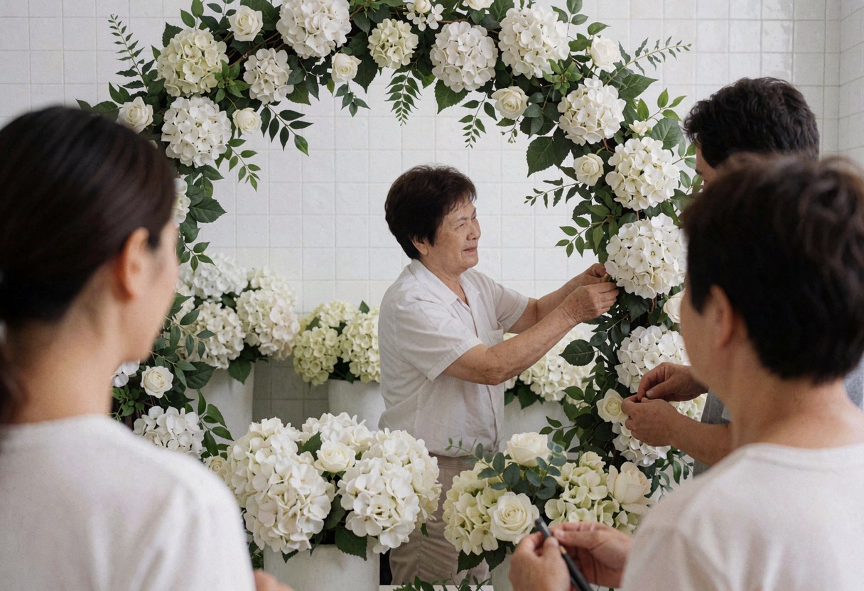 Arc décoré avec des hortensias pour un événement ou un mariage, mettant en valeur la composition florale.