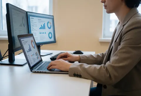 Jeune professionnel en blazer utilisant un ordinateur portable affichant des données, sur un bureau blanc éclairé par la lumière naturelle dans un environnement moderne.