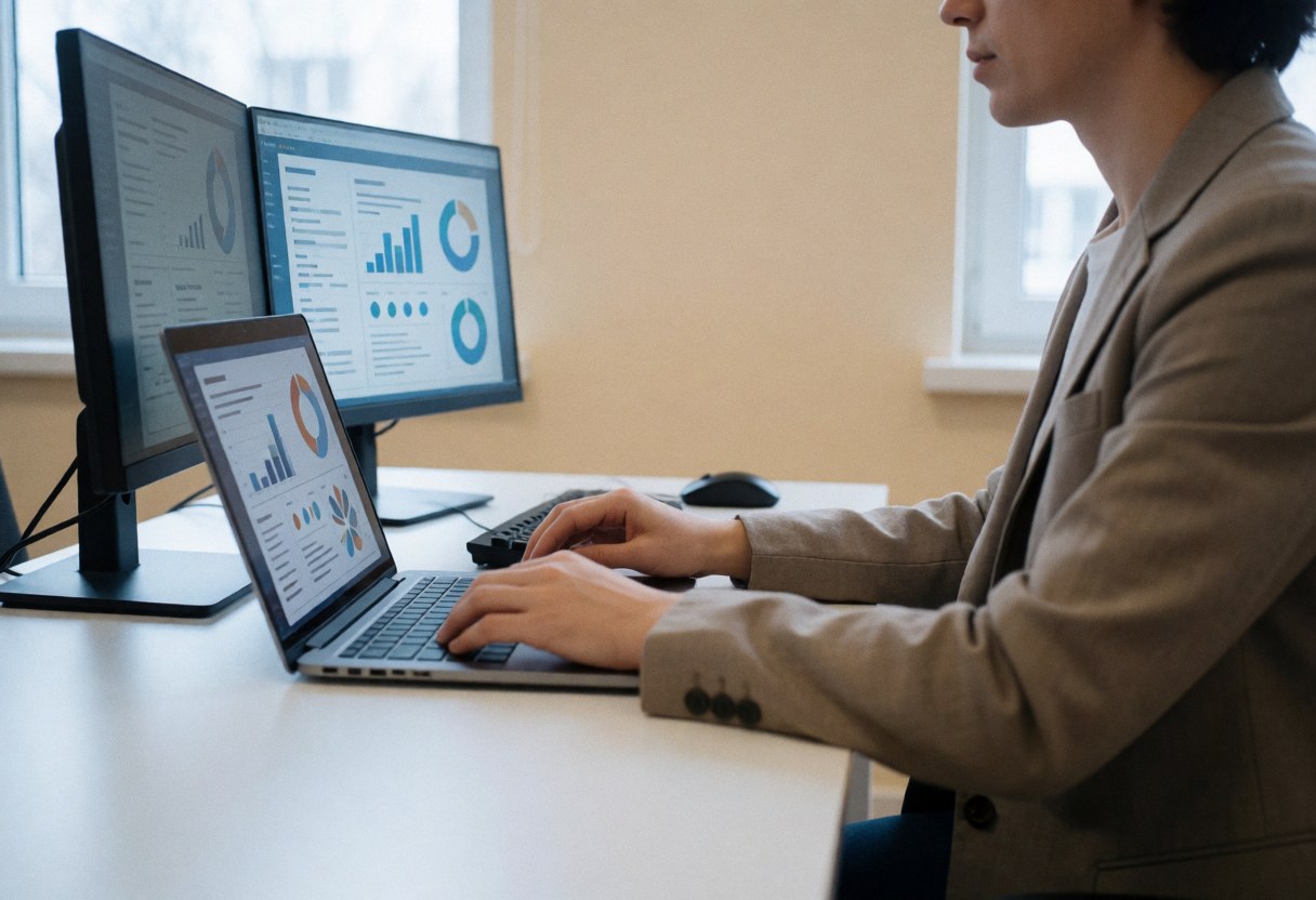 Jeune professionnel en blazer utilisant un ordinateur portable affichant des données, sur un bureau blanc éclairé par la lumière naturelle dans un environnement moderne.